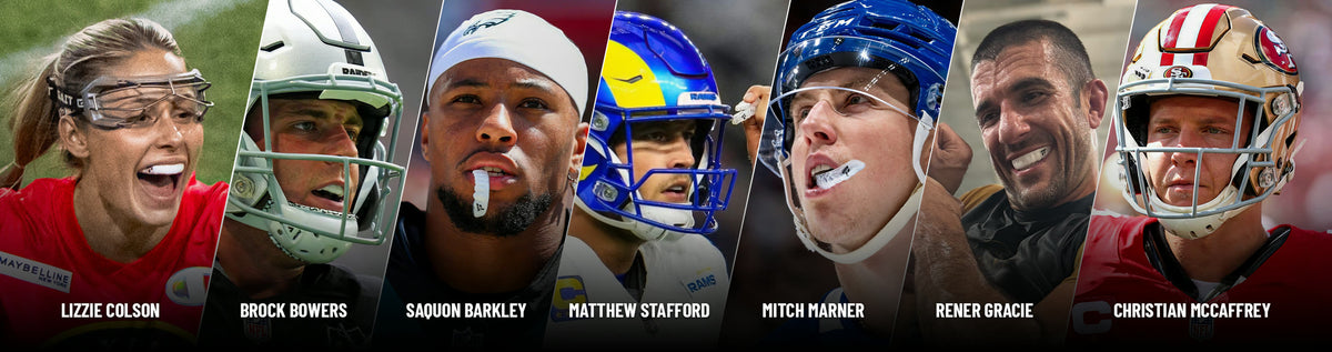 Professional athletes wearing TRUFIT mouthguards: Lizzie Colson, Brock Bowers, Saquon Barkley, Matthew Stafford, Mitch Marner, Rener Gracie and Christian McCaffrey